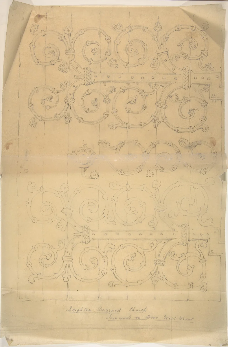 Seighton Buzzard Church, Ironwork on Door, West Front by anonymous, drawing, 1850-1900