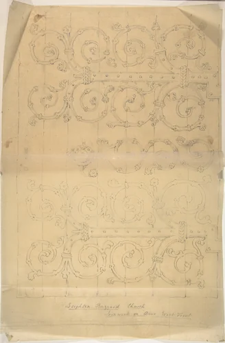 Seighton Buzzard Church, Ironwork on Door, West Front by anonymous, drawing, 1850-1900