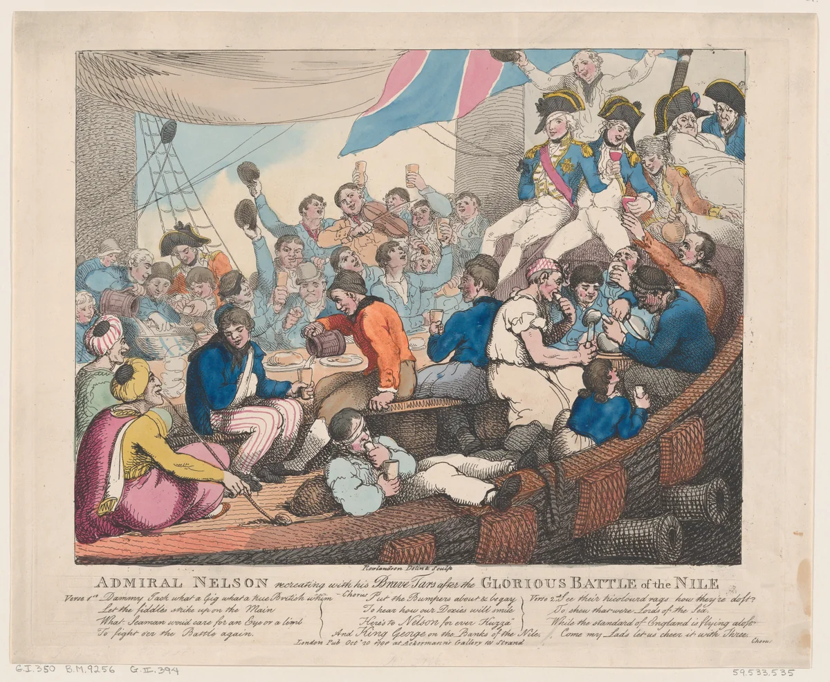 Admiral Nelson Recreating with his Brave Tars after the Glorious Battle of the Nile by Thomas Rowlandson, print, 1798