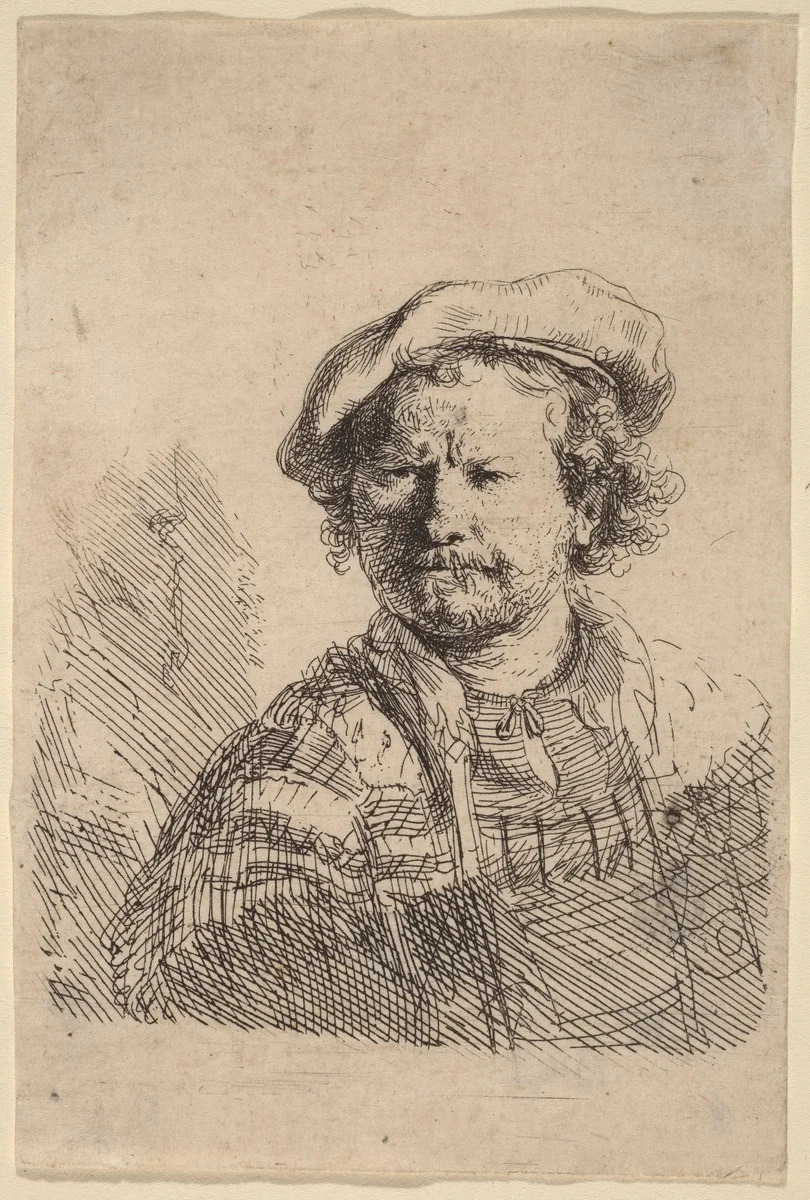 Self-Portrait in a Flat Cap and Embroidered Dress by Rembrandt van Rijn, print, 1642