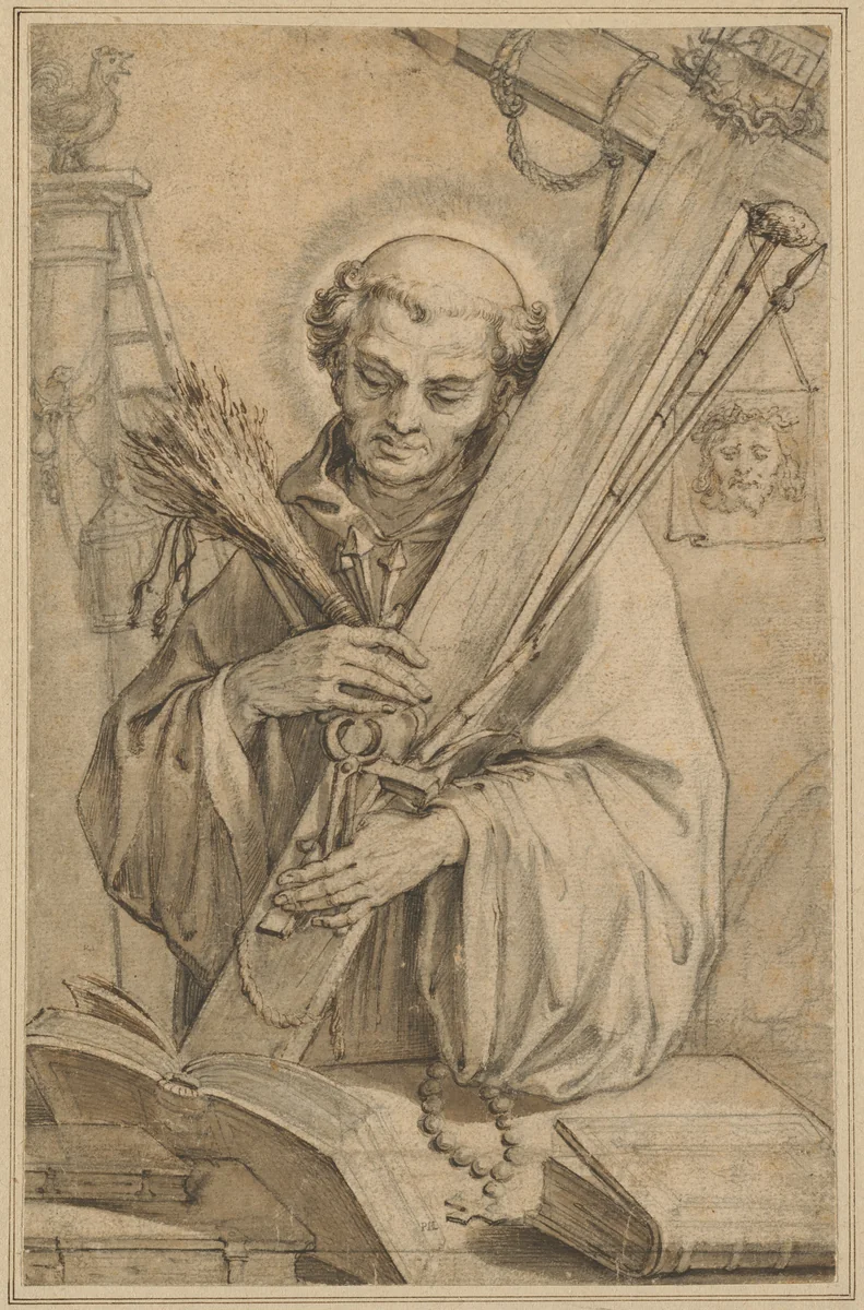 Saint Bernard of Clairvaux with the Instruments of the Passion by Pieter de Jode, drawing, 1620-1630