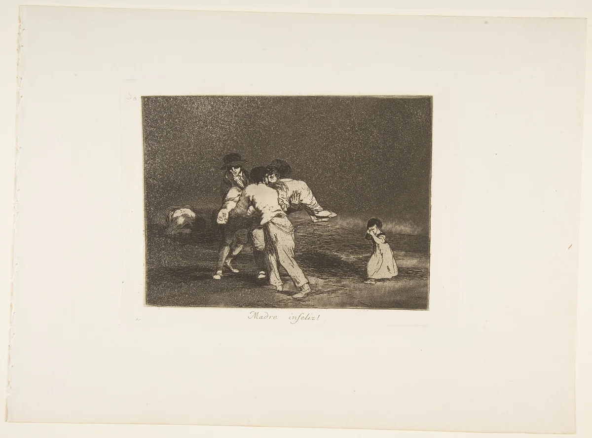 Plate 50 from "The Disasters of War" (Los Desastres de la Guerra): 'Unhappy mother!' (Madre Infeliz!) by Goya, print, 1811-1863