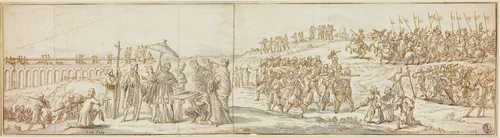 Pope Visiting Construction Site of a Bridge by Ciro Ferri, drawing, 1600-1699