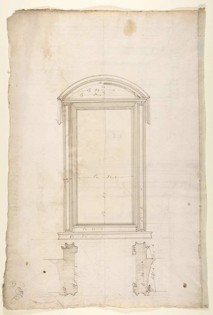 San Lorenzo, Library, Ricetto, portal to Ricetto, elevation; plan (recto) San Lorenzo, Library, Ricetto, portal from cloister, details (verso) by anonymous, drawing, 1500-1560
