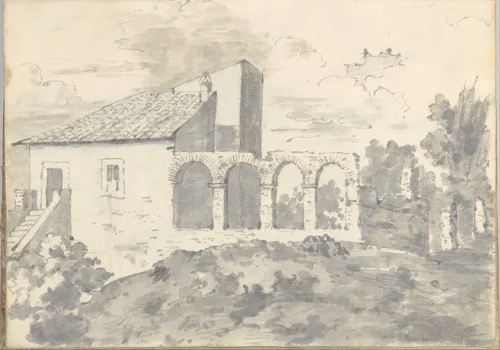 Tile-roofed building with an arcade, part of the walls at Rome (Smaller Italian sketchbook, leaf 31 recto) by Joseph Wright, drawing, 1774-1775