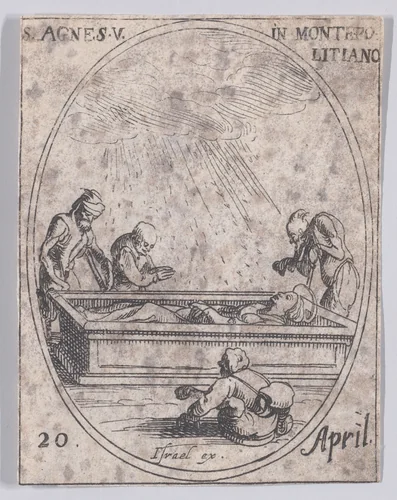 Ste. Agnès de Montepulciano (St. Agnes of Montepulciano), April 20th, from "Les Images De Tous Les Saincts et Saintes de L'Année" (Images of All of the Saints and Religious Events of the Year) by Jacques Callot, print, 1636