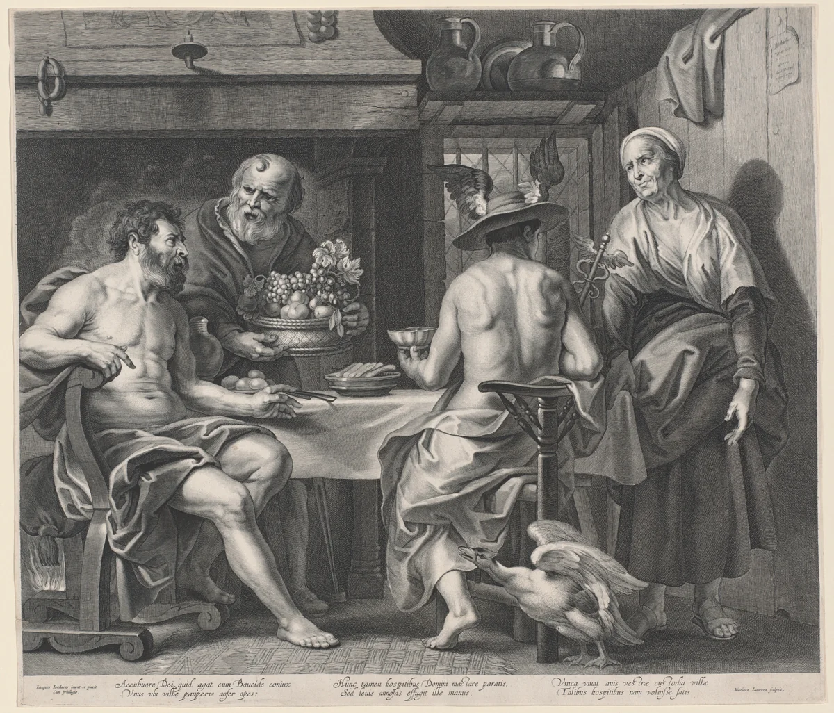 Jupiter and Mercury Entertained by Philemon and Baucis by Nicolaes Lauwers, print, 1640-1649