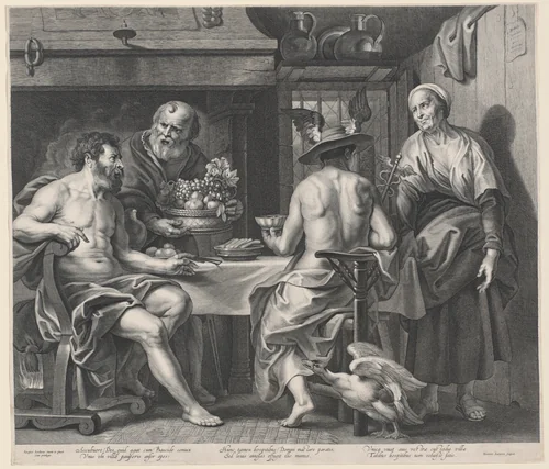 Jupiter and Mercury Entertained by Philemon and Baucis by Nicolaes Lauwers, print, 1640-1649