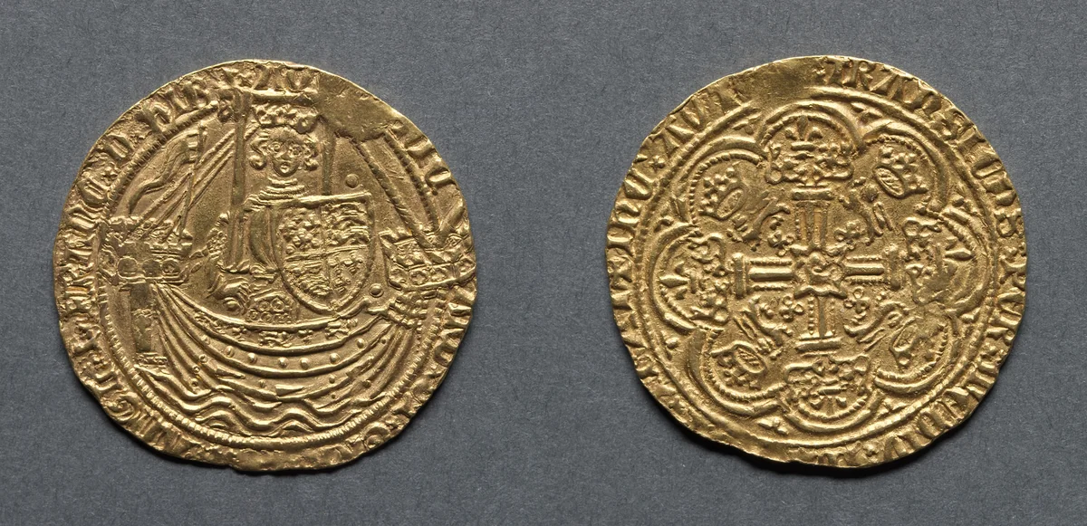 Noble: Richard II Standing on Ship with Shield of Arms (obverse); Ornamental Cross with Lis Terminals (reverse) by Unknown, metalwork, 1377-1399