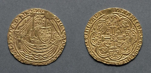 Noble: Richard II Standing on Ship with Shield of Arms (obverse); Ornamental Cross with Lis Terminals (reverse) by Unknown, metalwork, 1377-1399