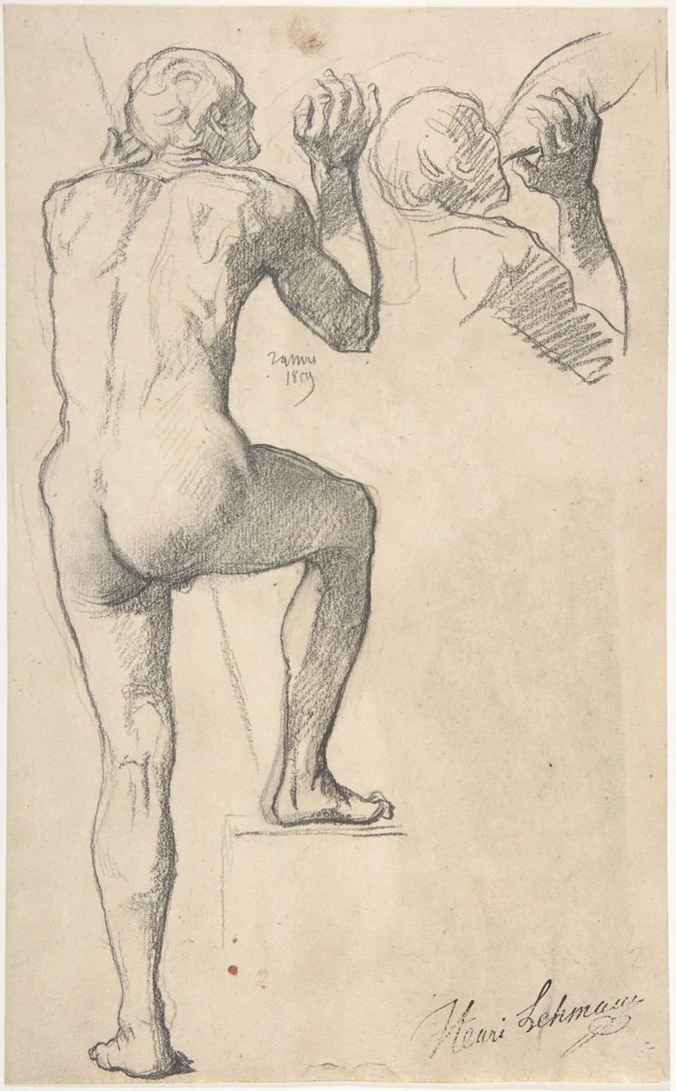 Back View of a Male Nude by Henri Lehmann, drawing, 1854-1864