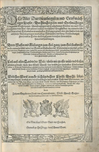 Der aller durchleuchtigisten und grosmächtigen Kayser ... Königen ... Herren vom Adel ... Bildtnussen und kurtz Beschreibungen ihrer so wol in Fridts- als Kriegszzeiten verrichten fürnembsten Thaten und Handlungen : deren Waffen und Rüstungen ... auss allen Landen der Welt ... in dem Schloss Ombrass ... zu ewiger Gedächtnuss auffbehalten werden ... by Jacob Schrenck, artwork, 1603