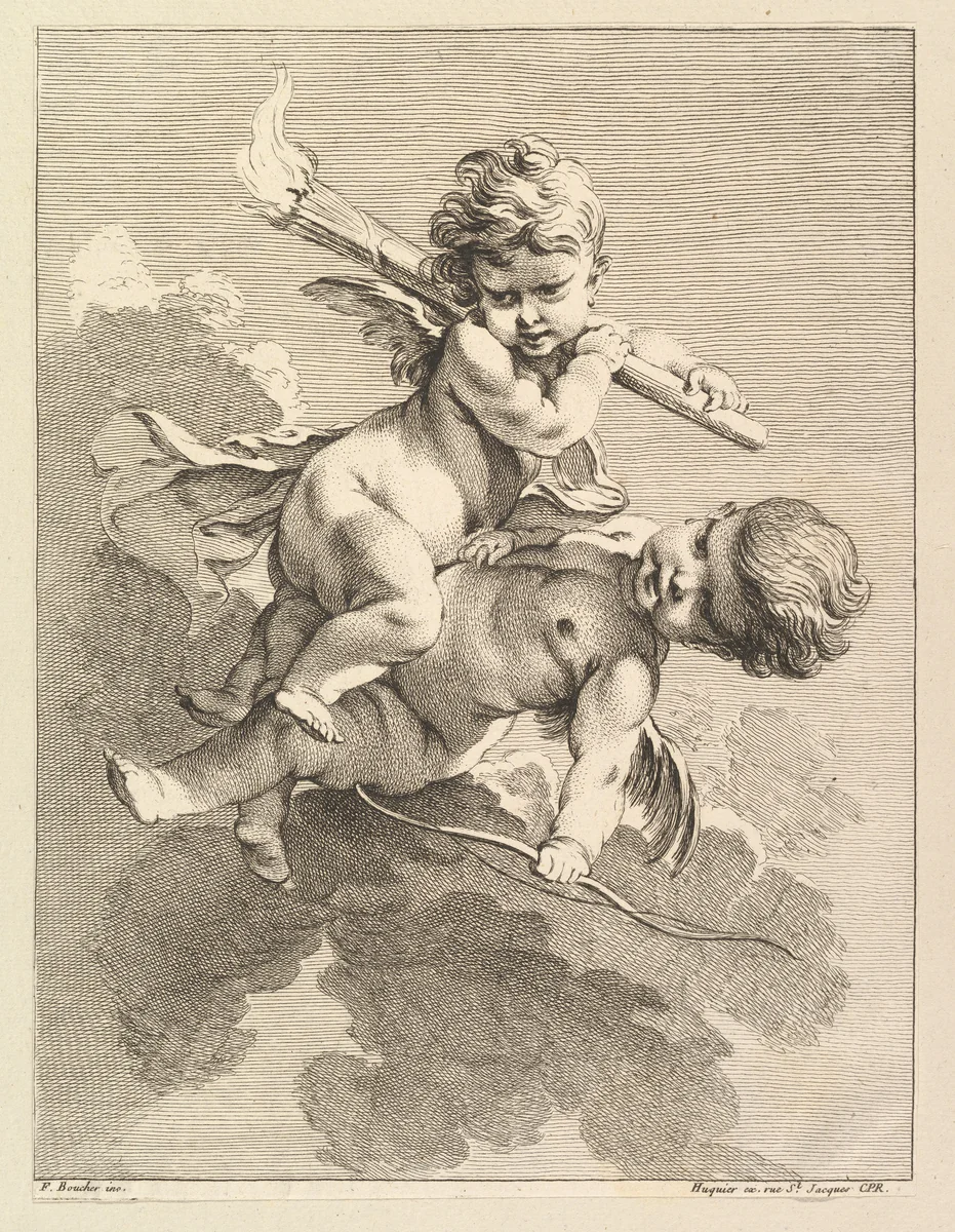 Two Cupids, One Carrying a Torch, Another a Bow by Pierre Alexandre Aveline, print, 1727-1760