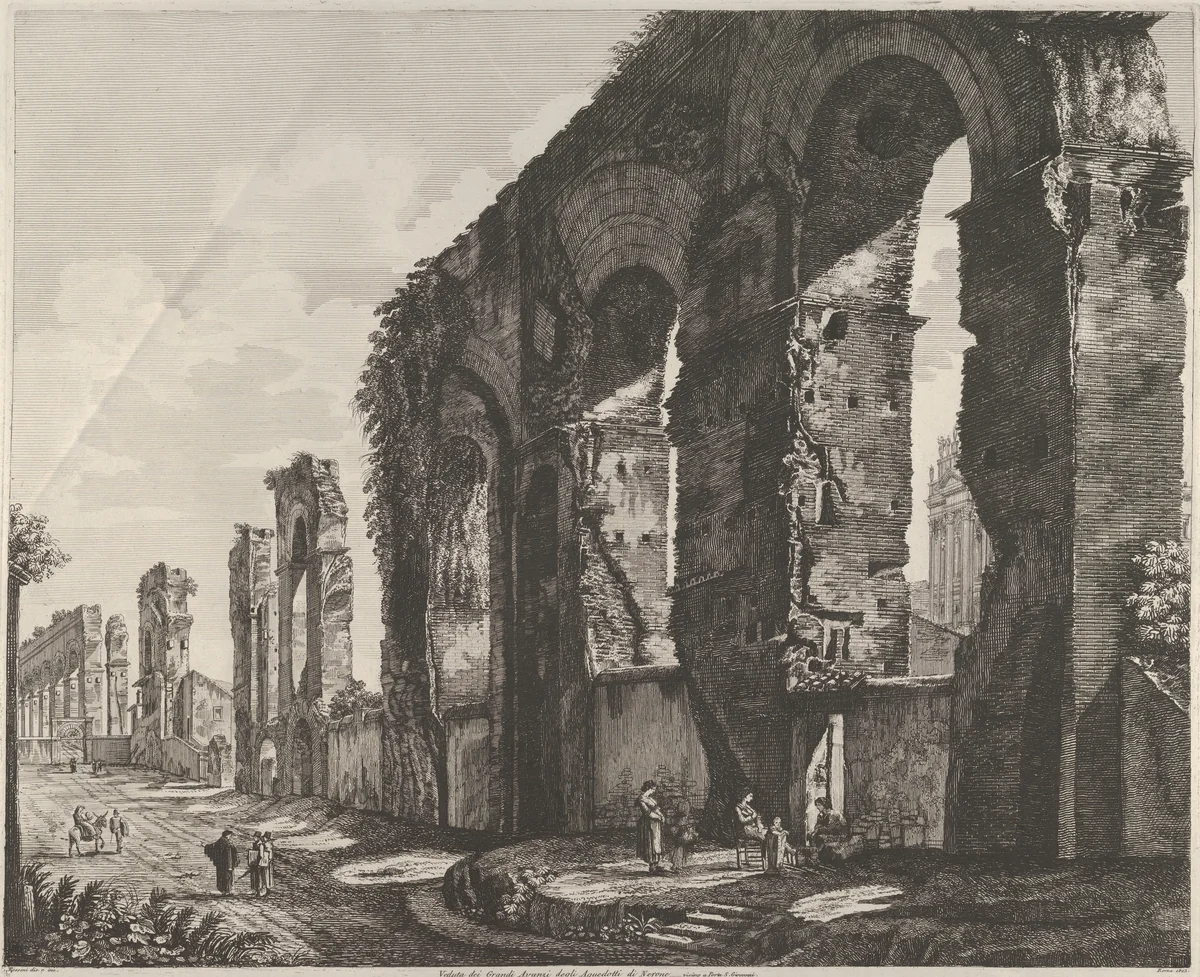 View of Nero's aqueduct, Rome by Luigi Rossini, print, 1823
