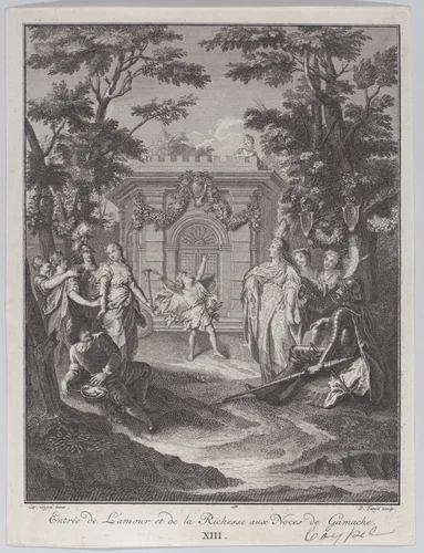 Plate 13: entrance of Love and Wealth to Gamache's wedding (Entrée de L'amour et de la Richesse aux Noces de Gamache) by Pieter Tanjé, print, 1745