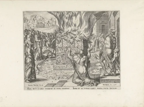 Elia knielt voor het brandende offer by Philips Galle, print, 1567-1570