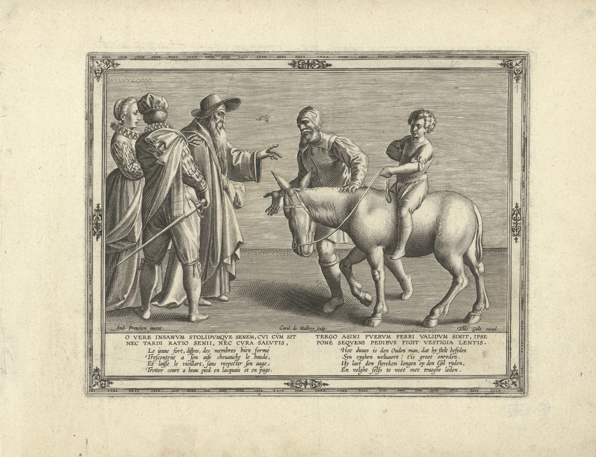 Zoon op de rug van de ezel, de vader te voet by Unknown, print, 1570-1612