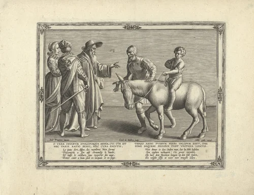 Zoon op de rug van de ezel, de vader te voet by Unknown, print, 1570-1612