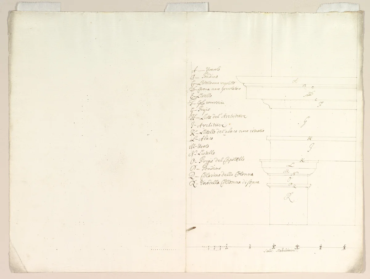Blown-up Detail of Design in Elevation for Colonnade in the Doric or Tuscan Order (recto); Blown-up Detail of Column on Podium in Elevation by anonymous, drawing, 1700-1799