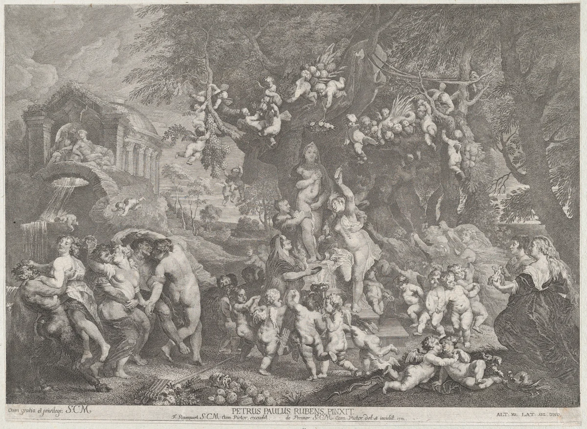 The Feast of Venus, with groups of satyrs, nymphs, and putti dancing around a statue of Venus by Anton Joseph von Prenner, print, 1732
