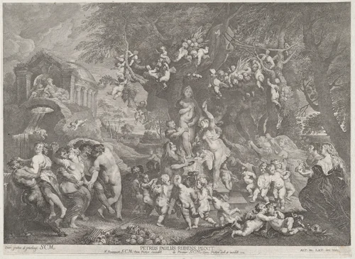 The Feast of Venus, with groups of satyrs, nymphs, and putti dancing around a statue of Venus by Anton Joseph von Prenner, print, 1732