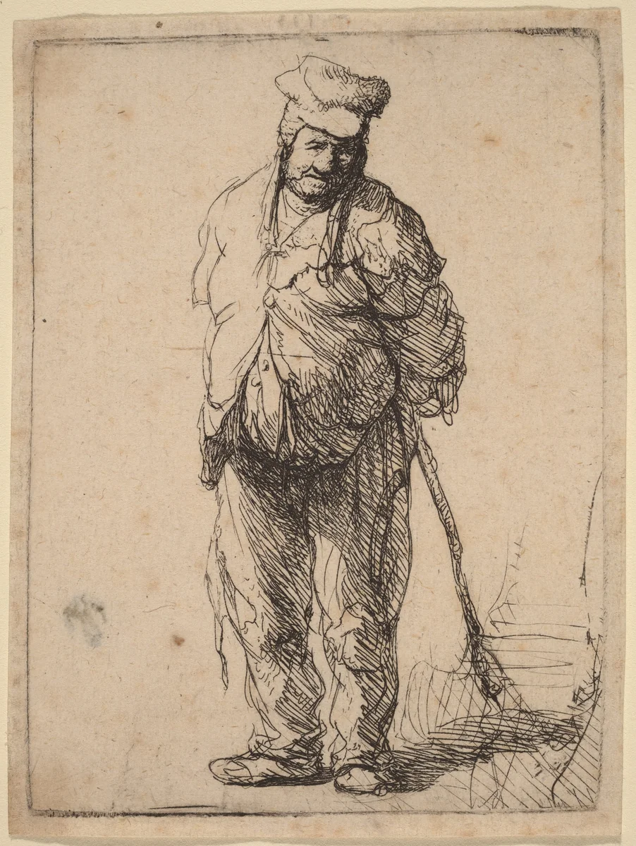 Ragged Peasant with His Hands behind Him, Holding a Stick by Rembrandt van Rijn, print, 1630