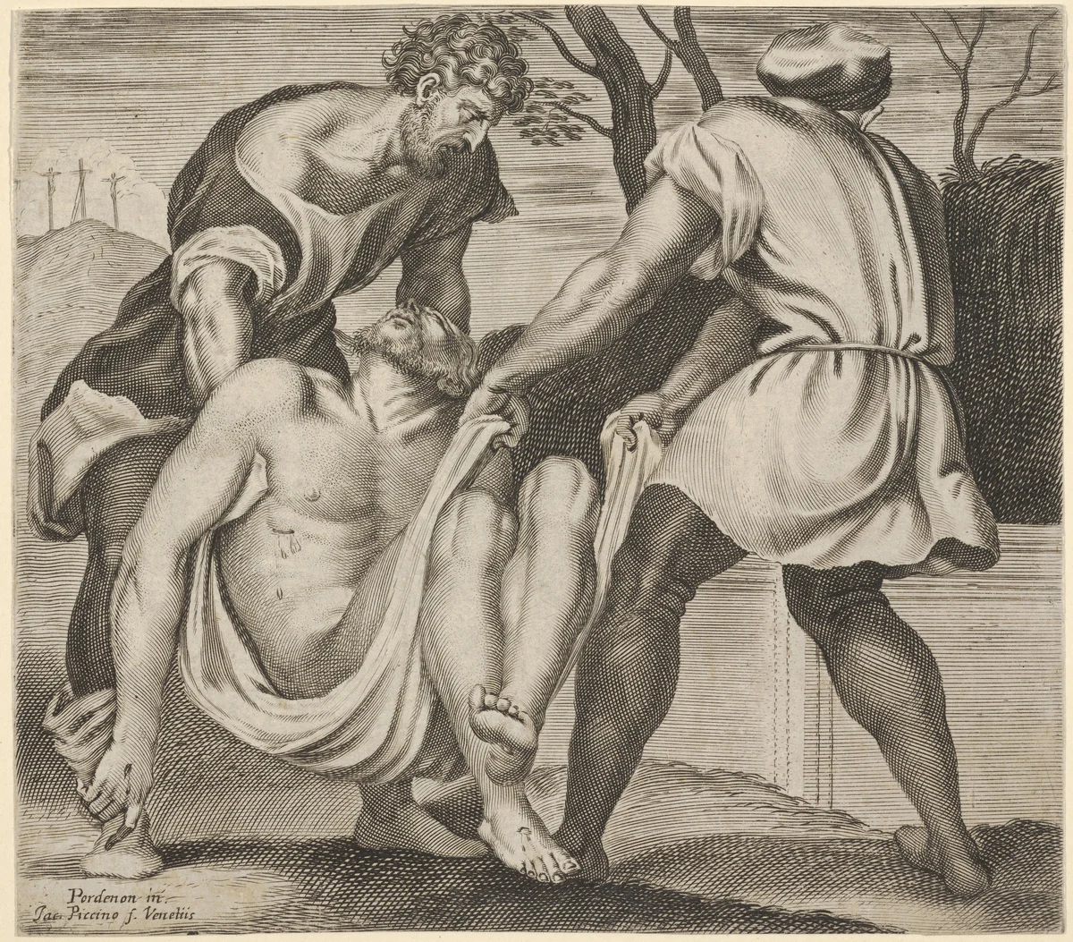 Entombment of Christ, two men lifting Christ into a tomb, with a shroud underneath the body, three crosses on Golgotha beyond by Giacomo Piccini, print, 1651-1661