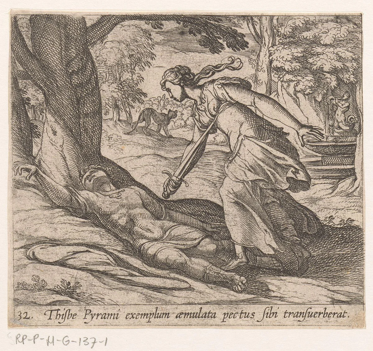 Zelfmoord van Thisbe by Antonio Tempesta, print, 1606-1638