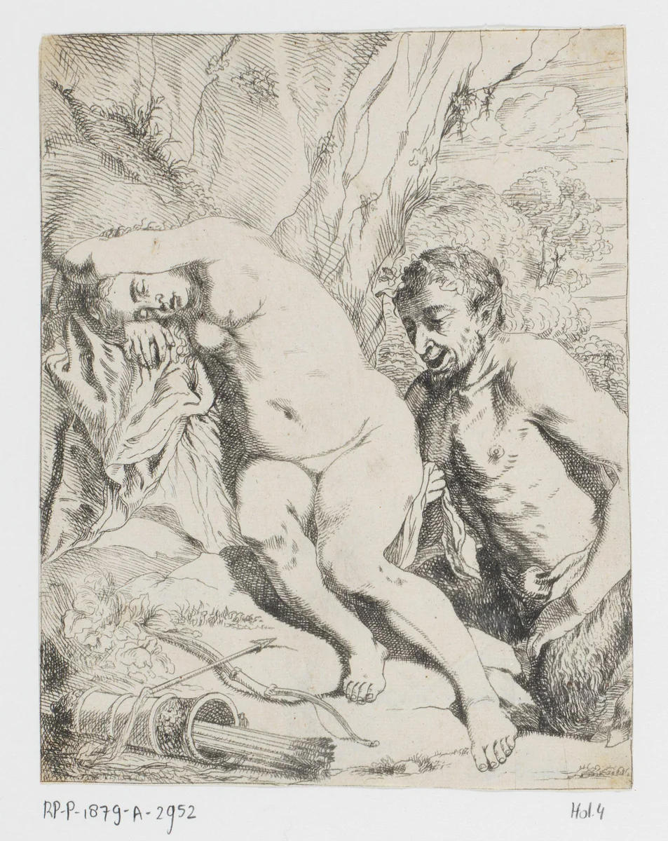 Slapende nimf en sater by Johannes van Seegen, print, 1665