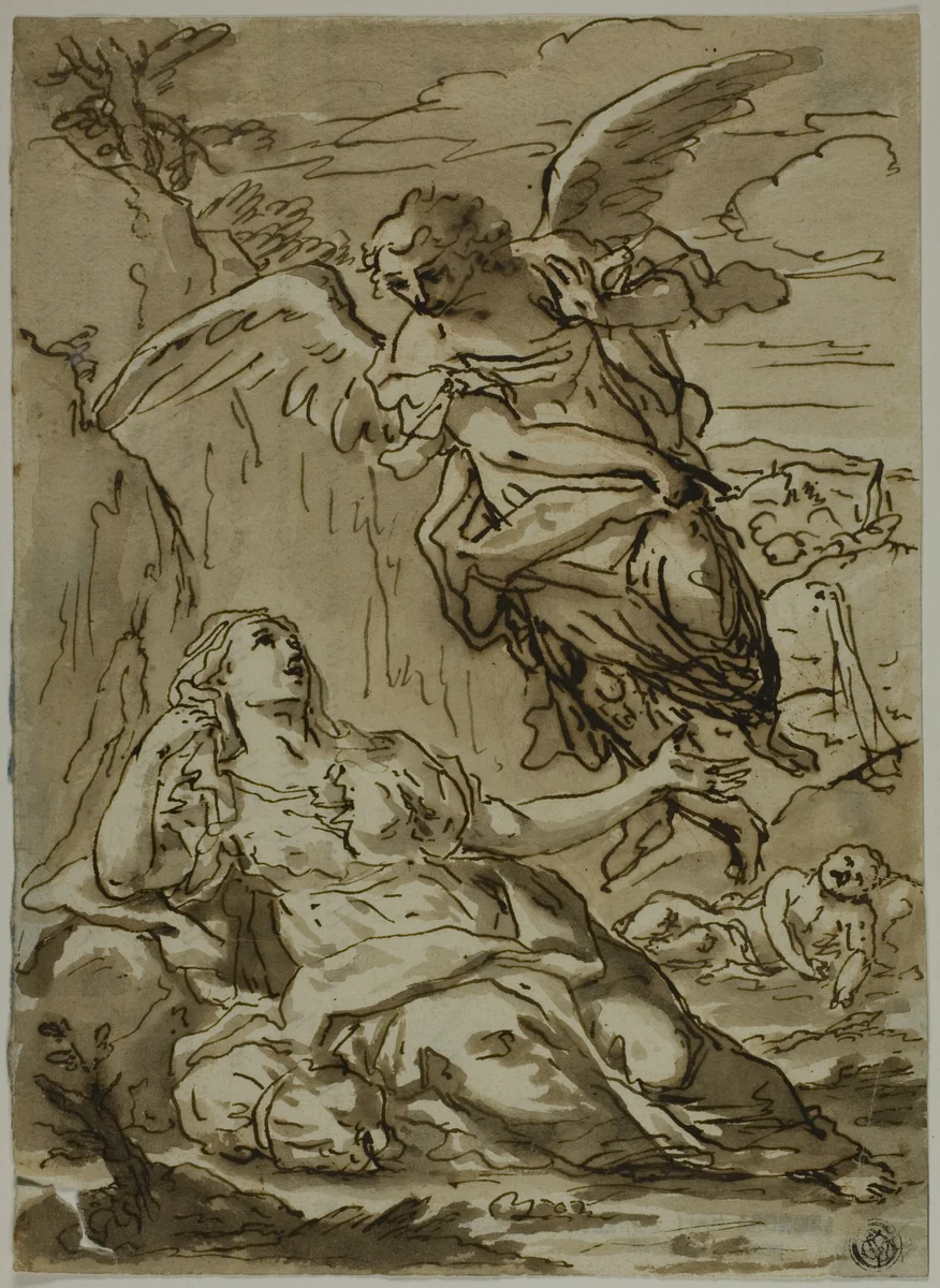 Angel Appearing to Hagar in the Wilderness by Pietro Gualla, drawing, 1600-1699