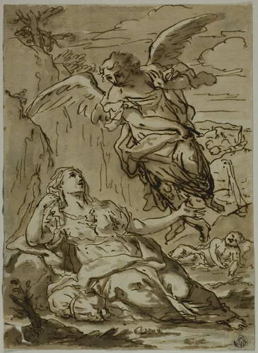 Angel Appearing to Hagar in the Wilderness by Pietro Gualla, drawing, 1600-1699