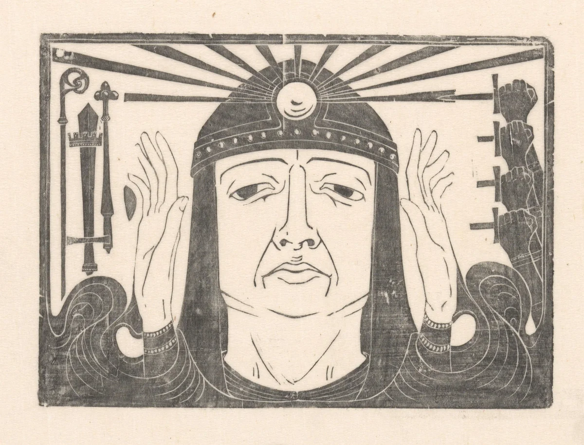 Figuur met regalia en steekwapens by Karel Petrus Cornelis de Bazel, print, 1894