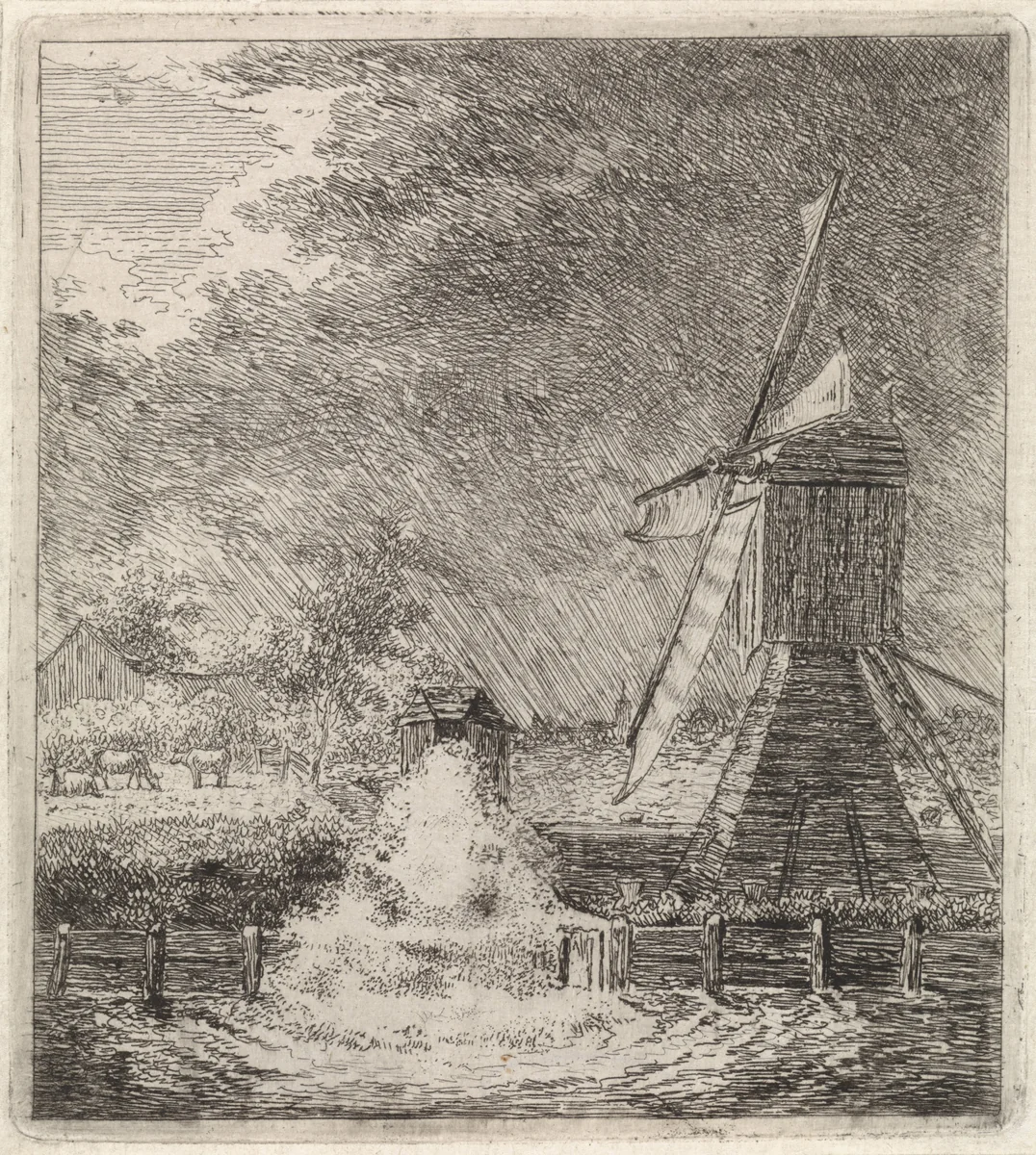 Landschap met watermolen by Johannes Christiaan Janson, print, 1778-1823