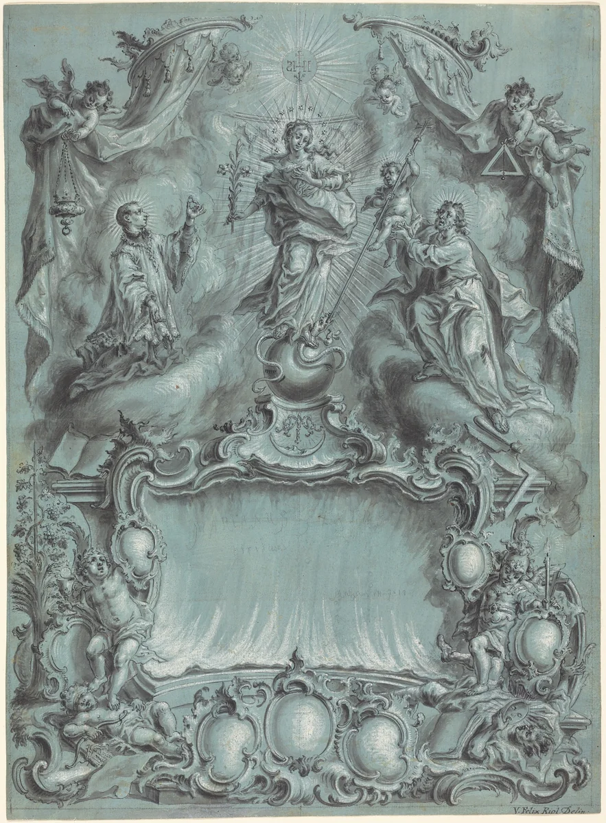 An Elaborate Rococo Setting with the Virgin and Child and Saints Defeating Evil, Heresy, and Profane Love by Vitus Felix Rigl, drawing, 1760-1769