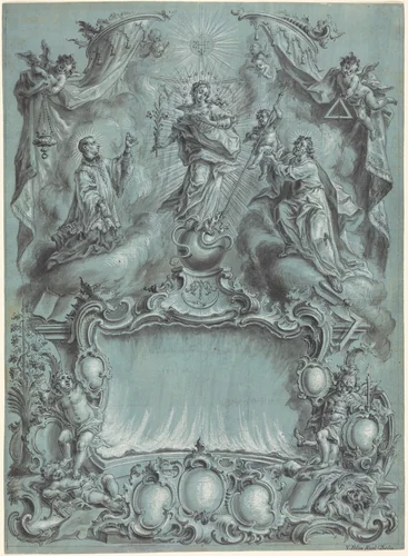 An Elaborate Rococo Setting with the Virgin and Child and Saints Defeating Evil, Heresy, and Profane Love by Vitus Felix Rigl, drawing, 1760-1769