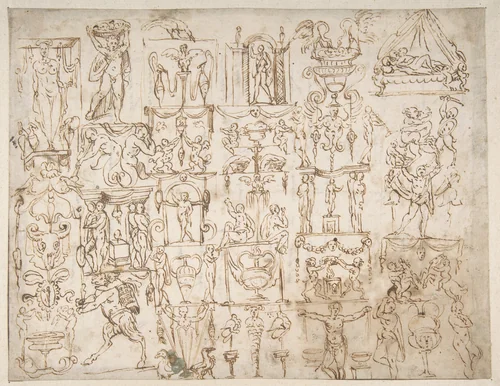 Sketches of Grotesques by Giovanni Antonio Dosio, drawing, 1533-1609