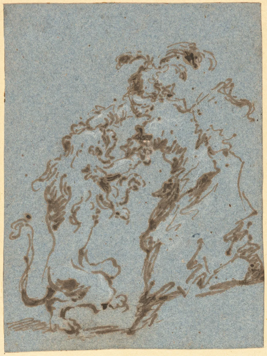 An Elegantly Dressed Woman Struggling with a Lion by Francesco Guardi, drawing, 1780-1785