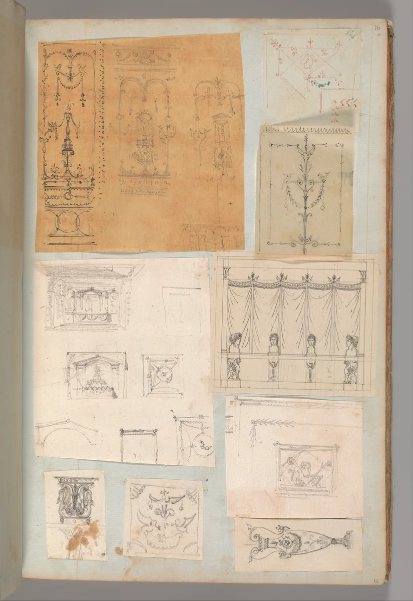 Page from a Scrapbook containing Drawings and Several Prints of Architecture, Interiors, Furniture and Other Objects by Charles Percier, book, 1795-1805