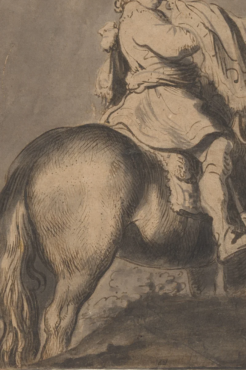 Trompetter te paard by Jan Lievens, drawing, 1625-1628