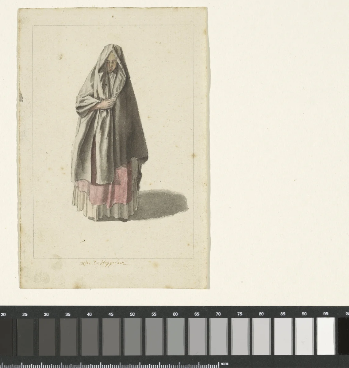 Staande dame met een grijze mantel by Charles de Stoppelaer, drawing, 1703-1738