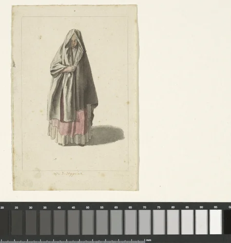 Staande dame met een grijze mantel by Charles de Stoppelaer, drawing, 1703-1738