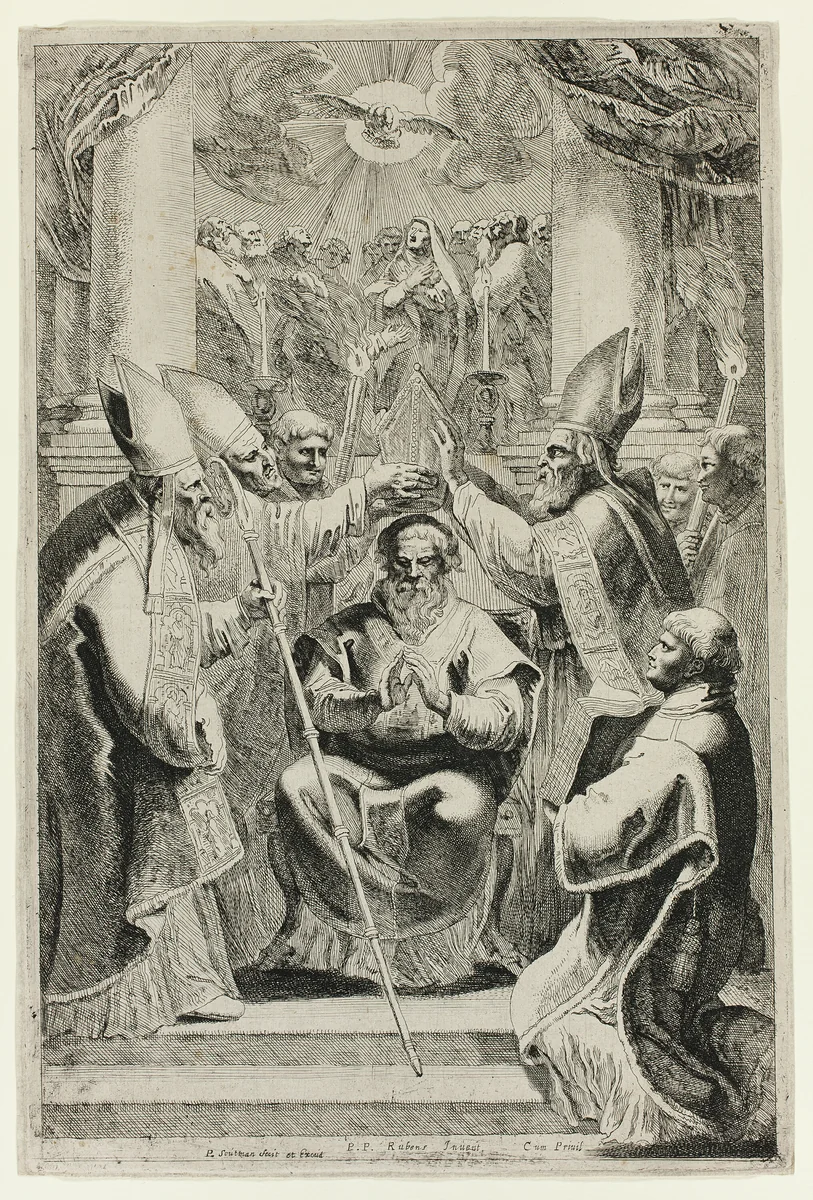 Consecration of the Bishop of Noyon with Scene of Pentecost Above by Pieter Claesz. Soutman, print, 1640-1657