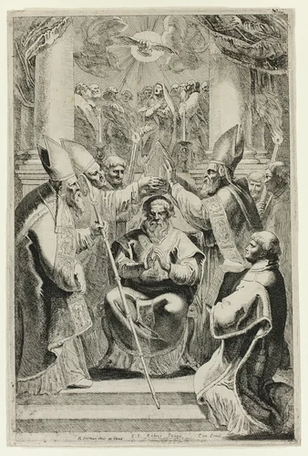 Consecration of the Bishop of Noyon with Scene of Pentecost Above by Pieter Claesz. Soutman, print, 1640-1657