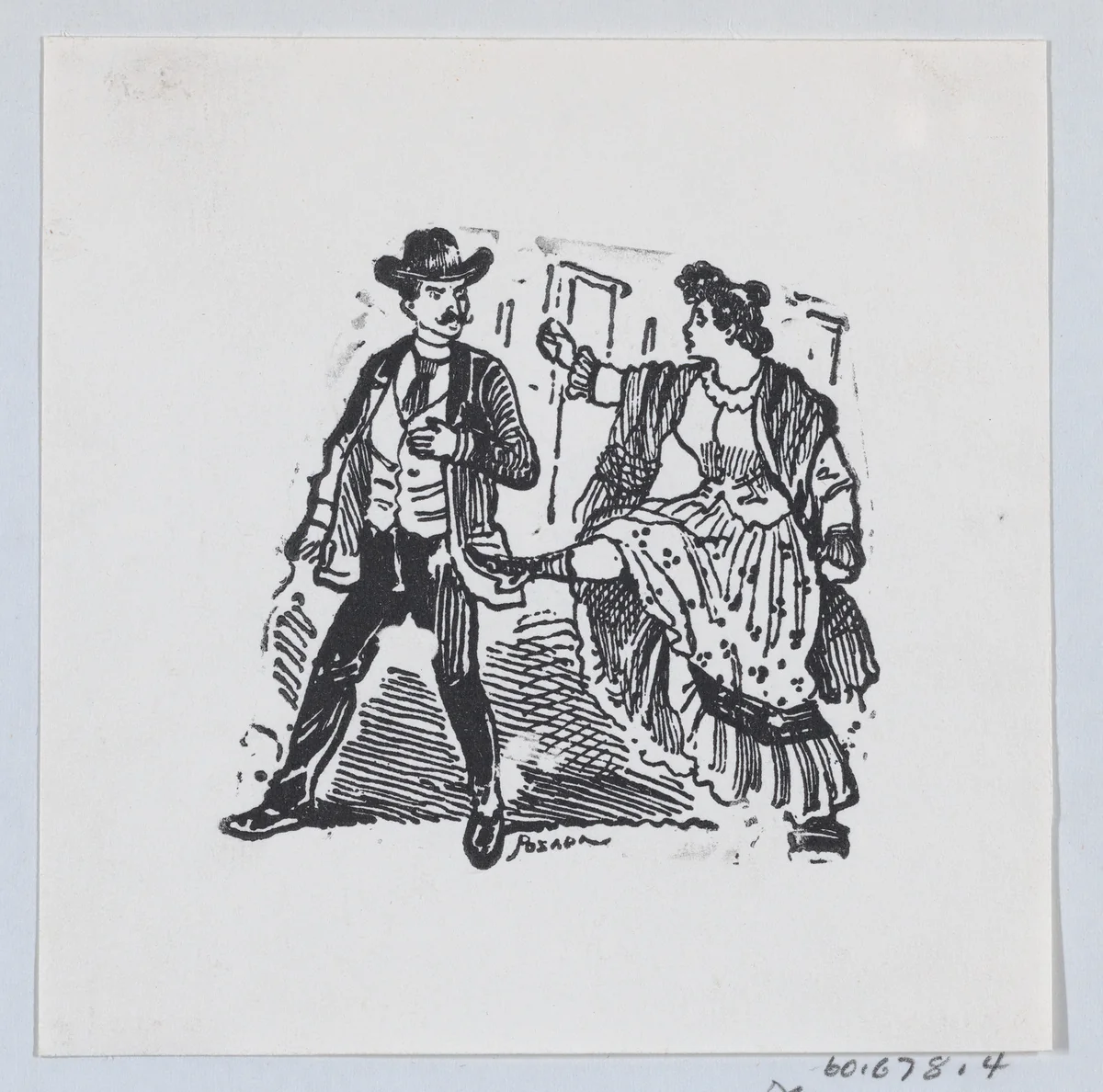 A woman kicking a man while he walks away from her by José Guadalupe Posada, print, 1875-1885