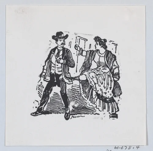 A woman kicking a man while he walks away from her by José Guadalupe Posada, print, 1875-1885