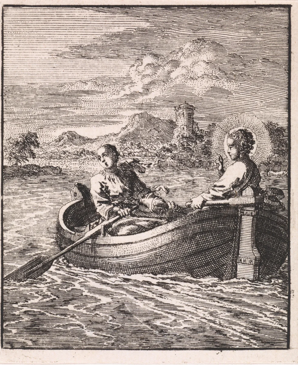 Christus met de gepersonificeerde ziel in een roeiboot by Jan Luyken, print, 1714