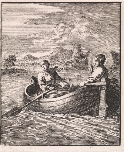 Christus met de gepersonificeerde ziel in een roeiboot by Jan Luyken, print, 1714