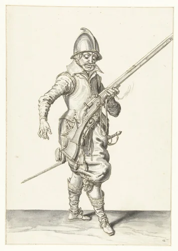 Soldaat die zijn roer met zijn linkerhand schuin omhoog gericht vasthoudt by Jacques de Gheyn, drawing, 1596-1606