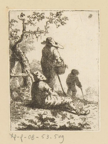 Drie bedelaars in een landschap by Johann Andreas Benjamin Nothnagel, print, 1739-1804
