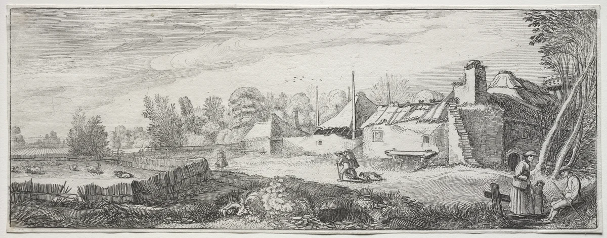 Some Pleasing Landscapes and Ruins of Ancient Monuments: Dilapidated Farm by Jan van de Velde, print, 1610-1620